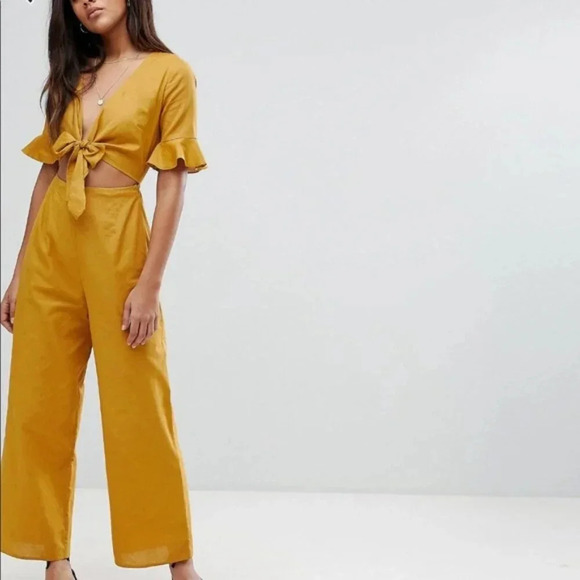 ASOS Pants - NWT ASOS || Jumpsuit Mustard Yellow Waist Tie Flutter Sleeve Wide Leg Sz 2 TALL